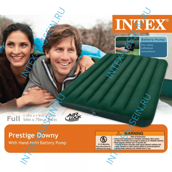 Матрас INTEX надувной 137 x 191 x 22 см, насос от батареек, артикул 66968