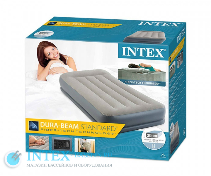 Кровать INTEX надувная 99 x 191 x 30 см с подголовником, встроенный насос 220V, артикул 64116