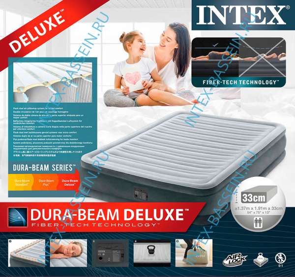 Кровать INTEX надувная 137 x 191 x 33 см, встроенный насос 220V, артикул 67768